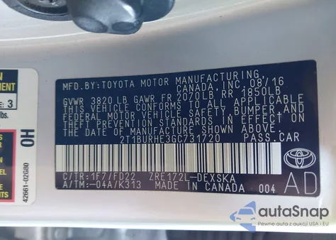 2016 Toyota Corolla S Plus from USA, damaged, VIN 2T1BURHE3GC731720